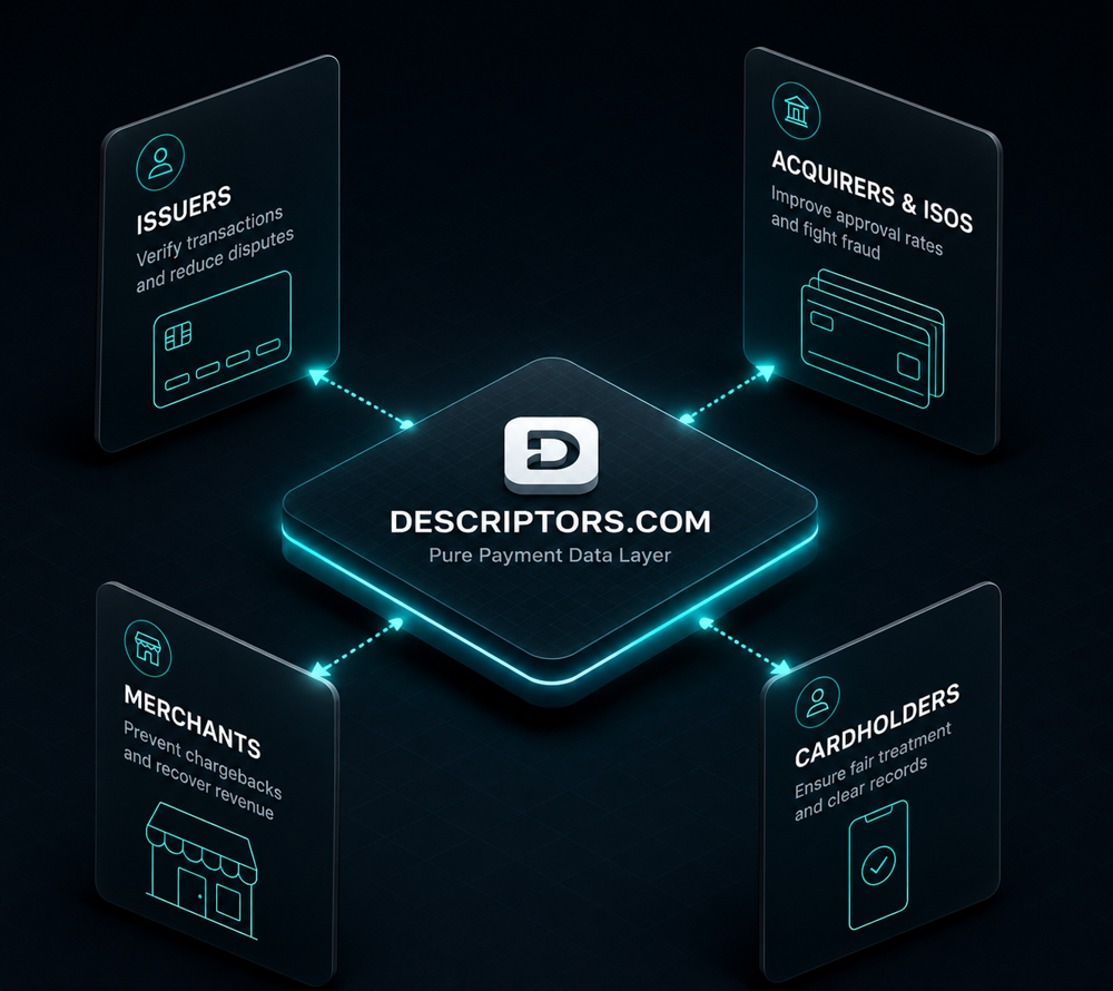 Descriptors.com connects issuers, acquirers, merchants, and cardholders on one payment data layer