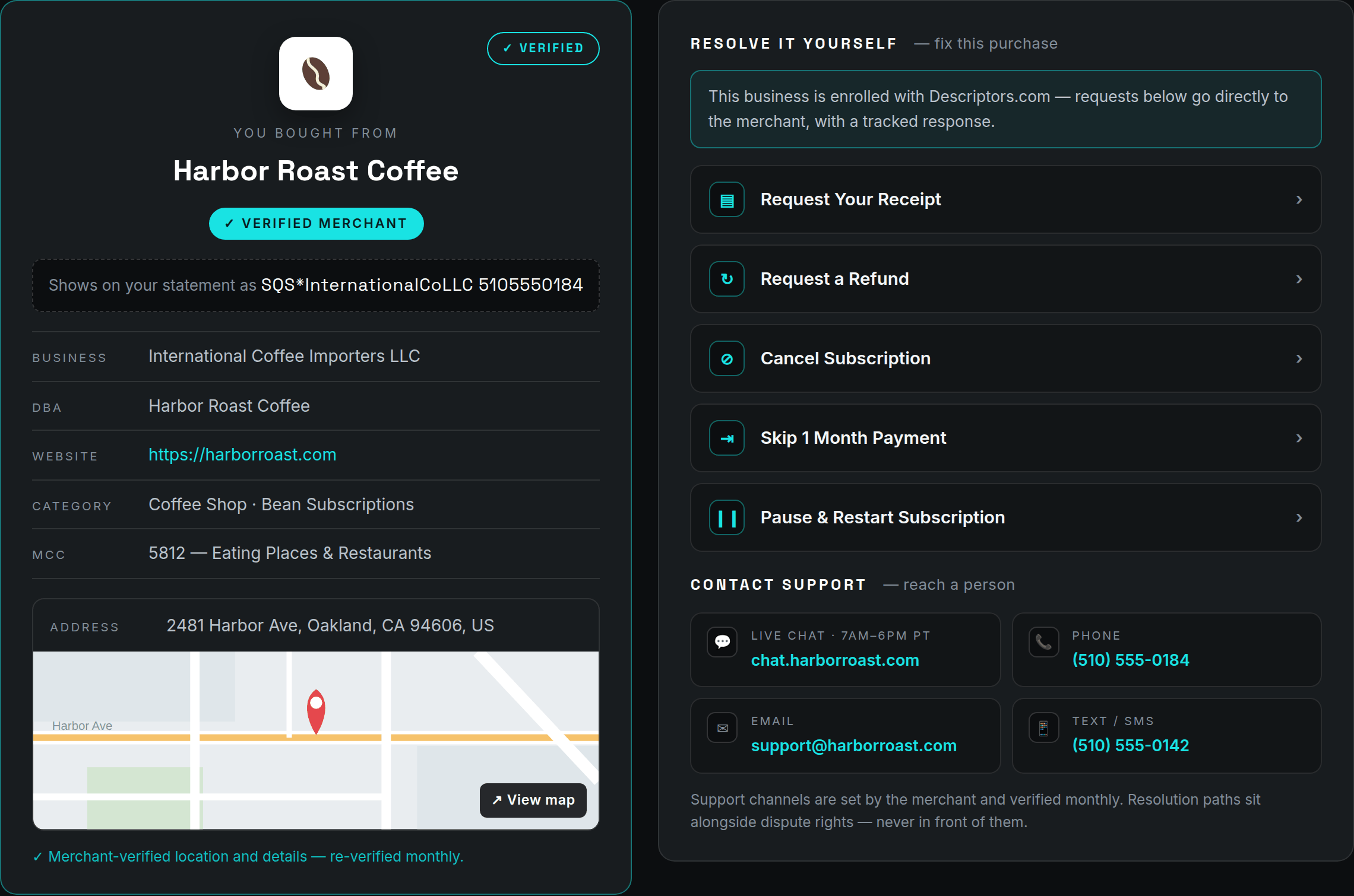 Descriptors.com merchant profile: verified merchant with complete business details, address and map, receipt, refund and cancellation pathways, and live support channels