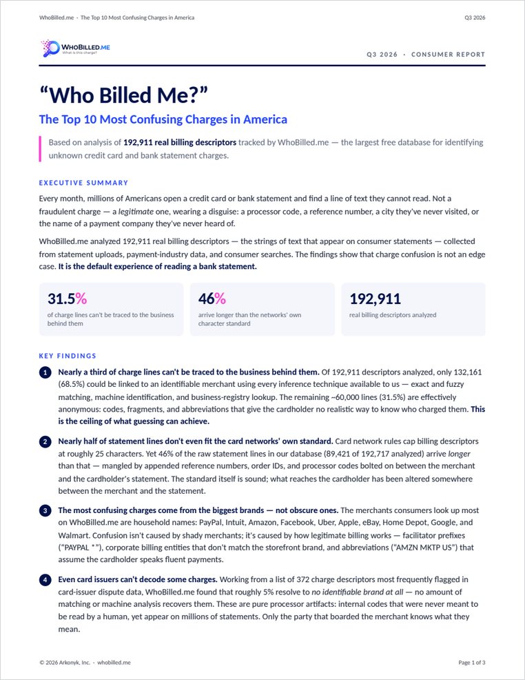 Cover of the WhoBilled.me Most Confusing Charges Report, Q3 2026