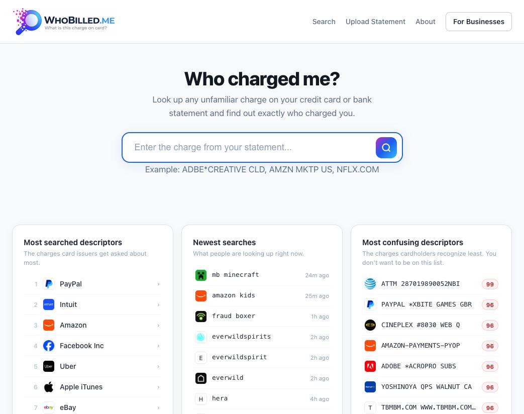 The WhoBilled.me homepage, where a cardholder looks up an unfamiliar charge